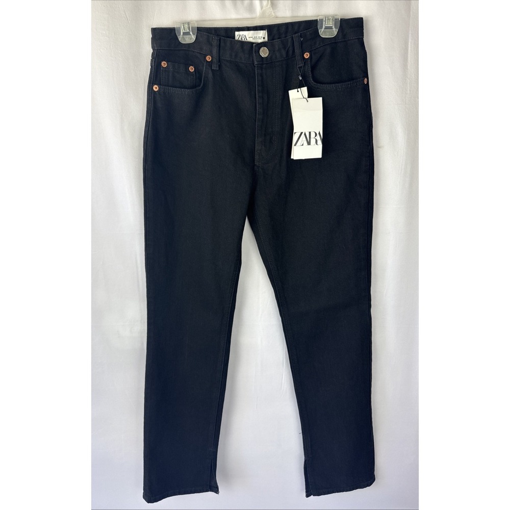 Zara Jeans Pants Women's Sz 8 Black High Rise Side Slit Hem Signature Denim NWT